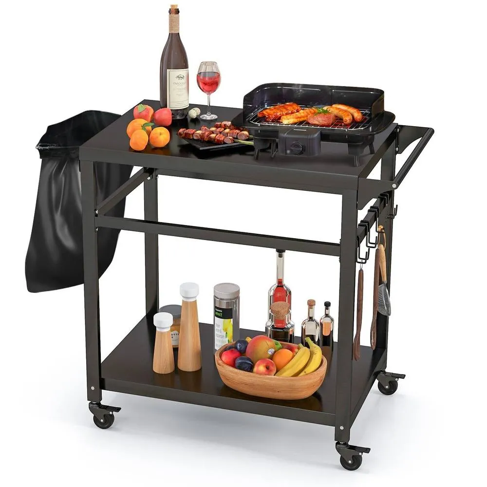 Costway Portable Dining Cart BBQ Trolley Grill Cart Food Prep in Black