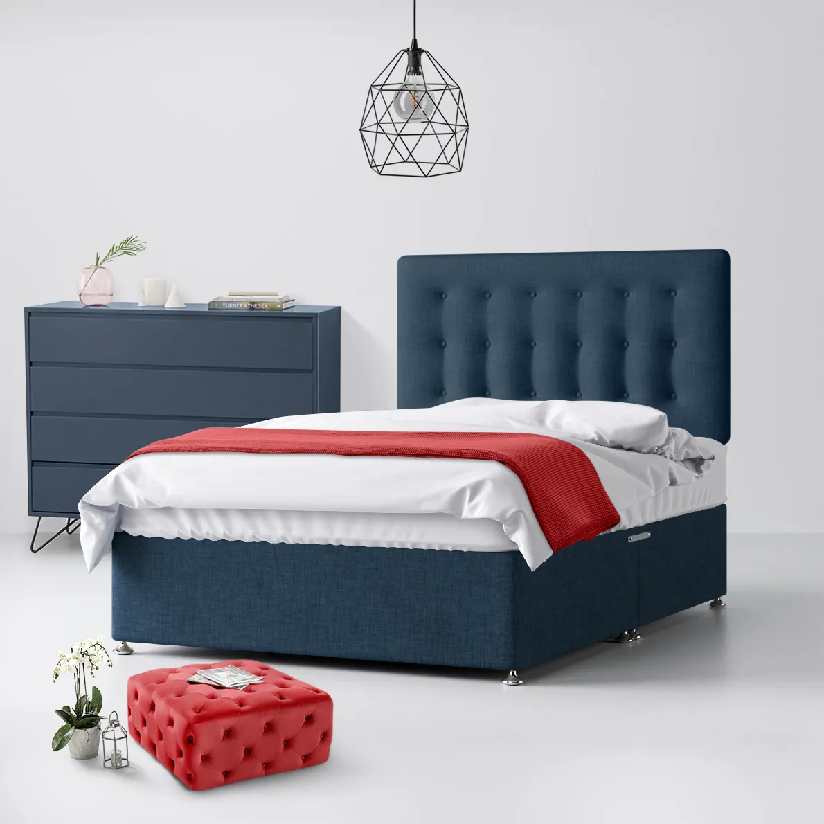 Cornell Buttoned Midnight Blue Fabric No Drawer Divan Bed - 4ft Small Double