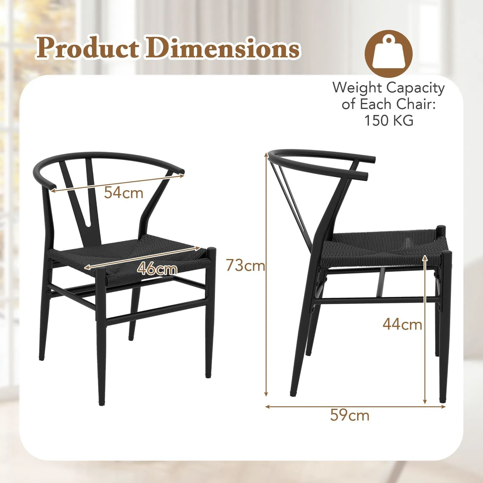 Costway Wishbone Dining Chair Set of 2 Modern Weave Armchairs in Black 2
