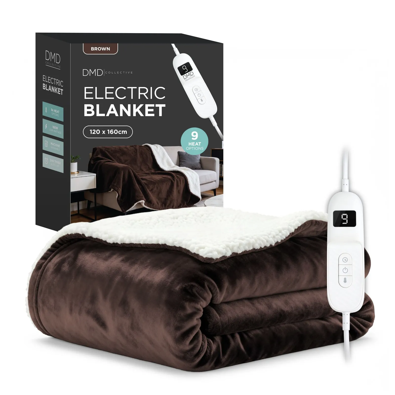DMD Collective Heated Electric Blanket Throw Fleece Sherpa 9 Heat & Timer Settings 120x160cm Machine Washable in Brown
