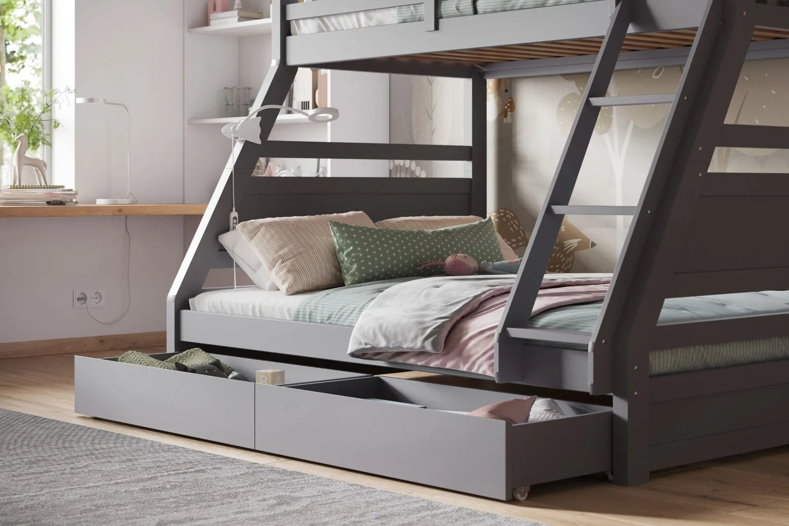 Flair Ollie Wooden Triple Bunk Bed with Drawers in Grey 4