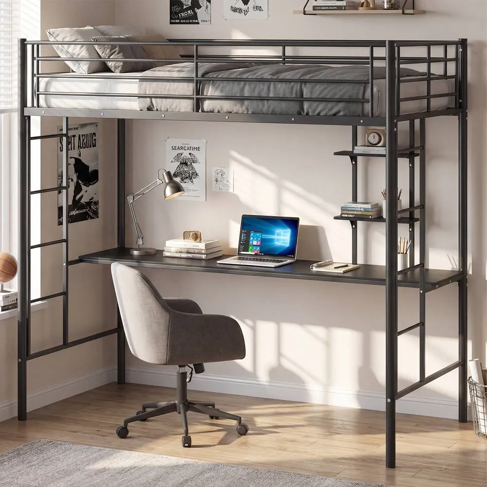 Costway Single Size Loft Bed with Desk & Shelves in Black