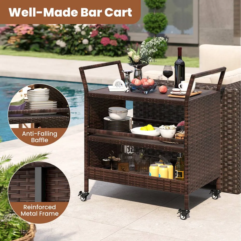 Costway Outdoor Bar Cart 3-Tier Patio Rattan Storage Shelf-Brown in Brown 3