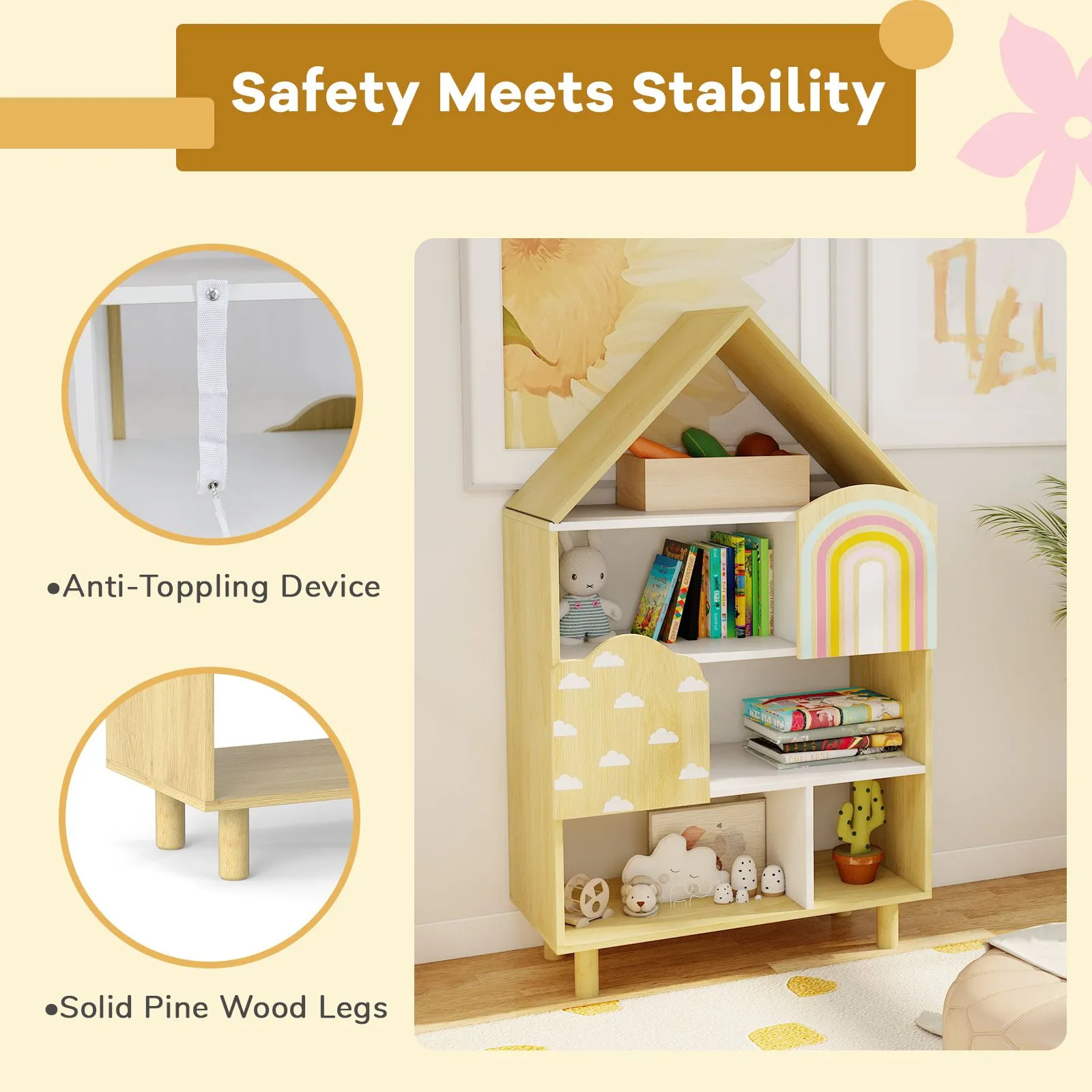 Costway Dollhouse Bookshelf House-shaped Bookcase with 2 Doors in Natural 5