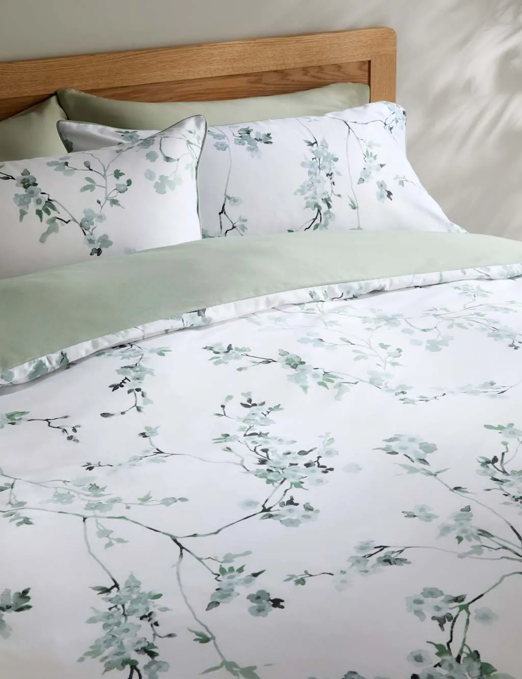 M&S Pure Cotton Sateen Cherry Blossom Bedding Set Green Mix