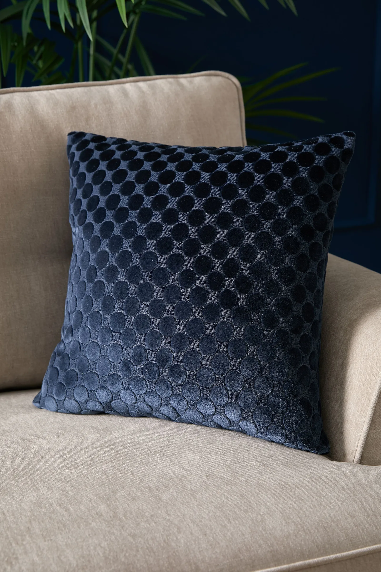 Soiree 'Velvet Spot' Plain Dyed Jacquard Velvet Filled Cushion in Navy