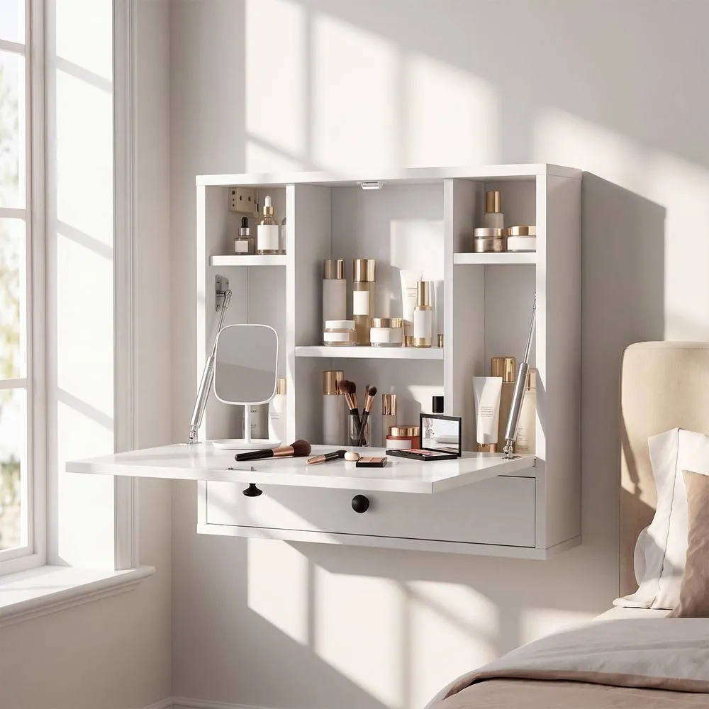 Costway Wall Mounted Fold Down Desk Computer Workstation w/ Drawer in White 4