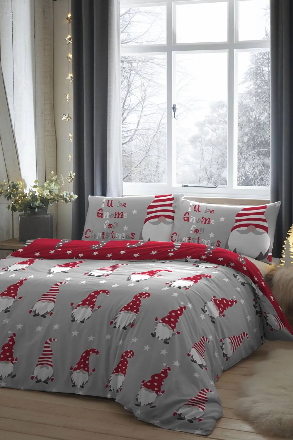 Fusion 'Christmas Gnome' Peach Finish Festive Duvet Cover Set in Silver