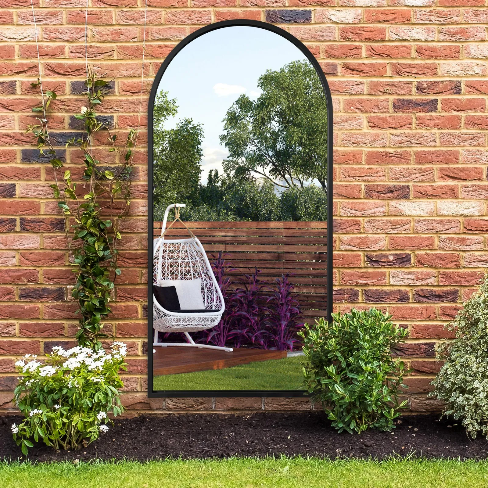 MirrorOutlet Black Metal Framed Arched Garden Wall Mirror 63" X 31" (160CM X 80CM) 2