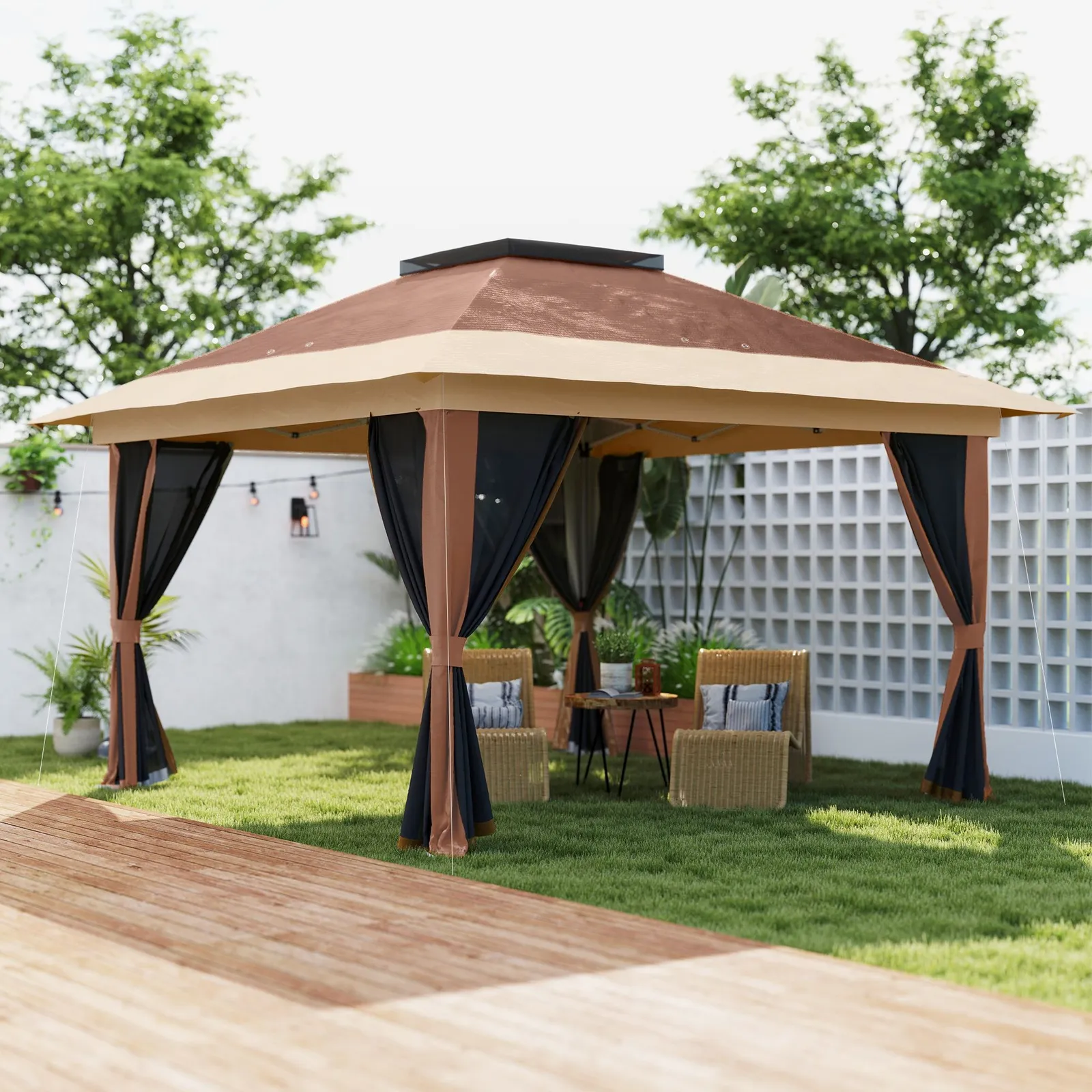 OUTSUNNY 3.6 x 3.6m Pop Up Gazebo with Netting & Wheeled Bag, Brown