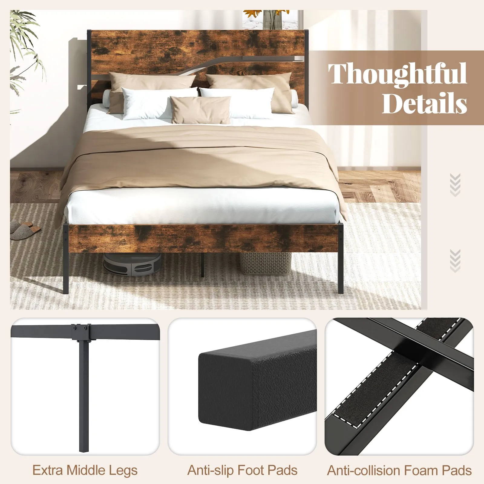 Costway King Metal Bed Frame Industrial Platform Bed w/ Wooden Headboard in Brown 4