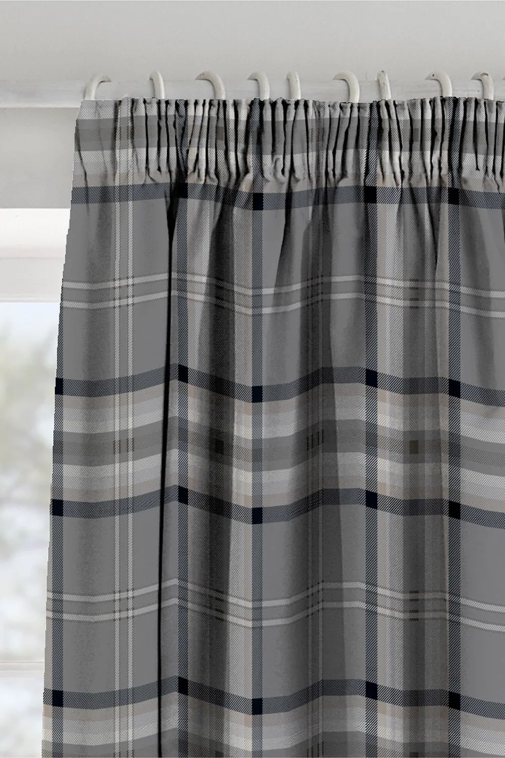 Catherine Lansfield 'Kelso Check' Pencil Pleat Lined Curtains in Charcoal 2