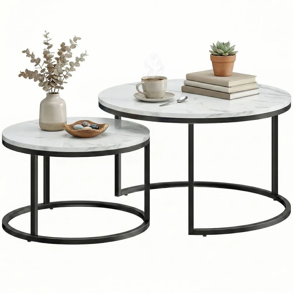 HOMCOM 2 Pcs Stacking Coffee Table Set Steel Frame in White 2