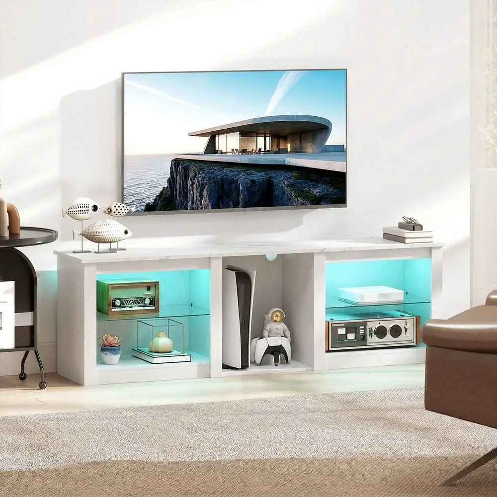 HOMCOM 160cm TV Unit w/ LED Lights for 70in TV Modern TV Stand Cabinet in White