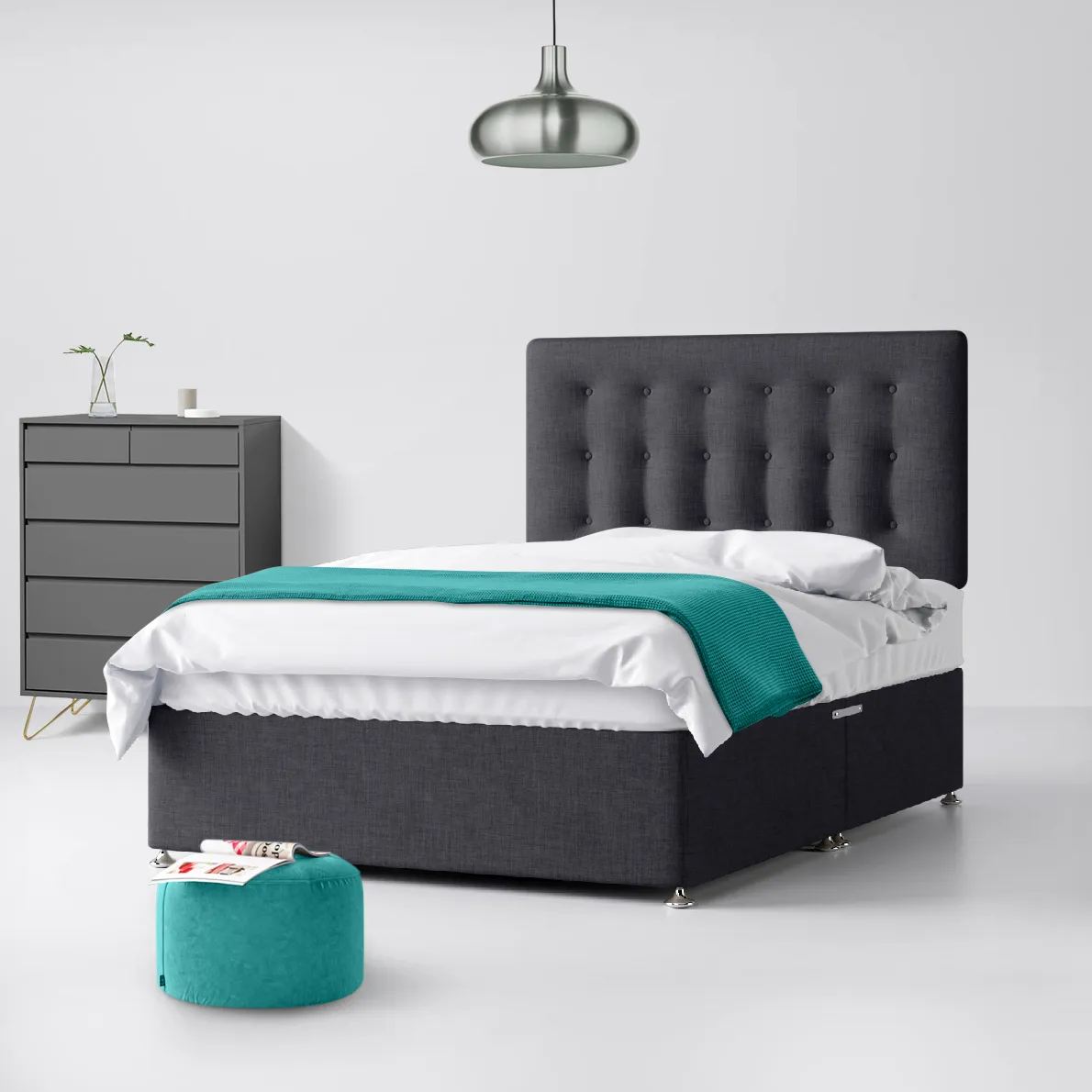 Cornell Buttoned Charcoal Fabric No Drawer Divan Bed - 4ft Small Double