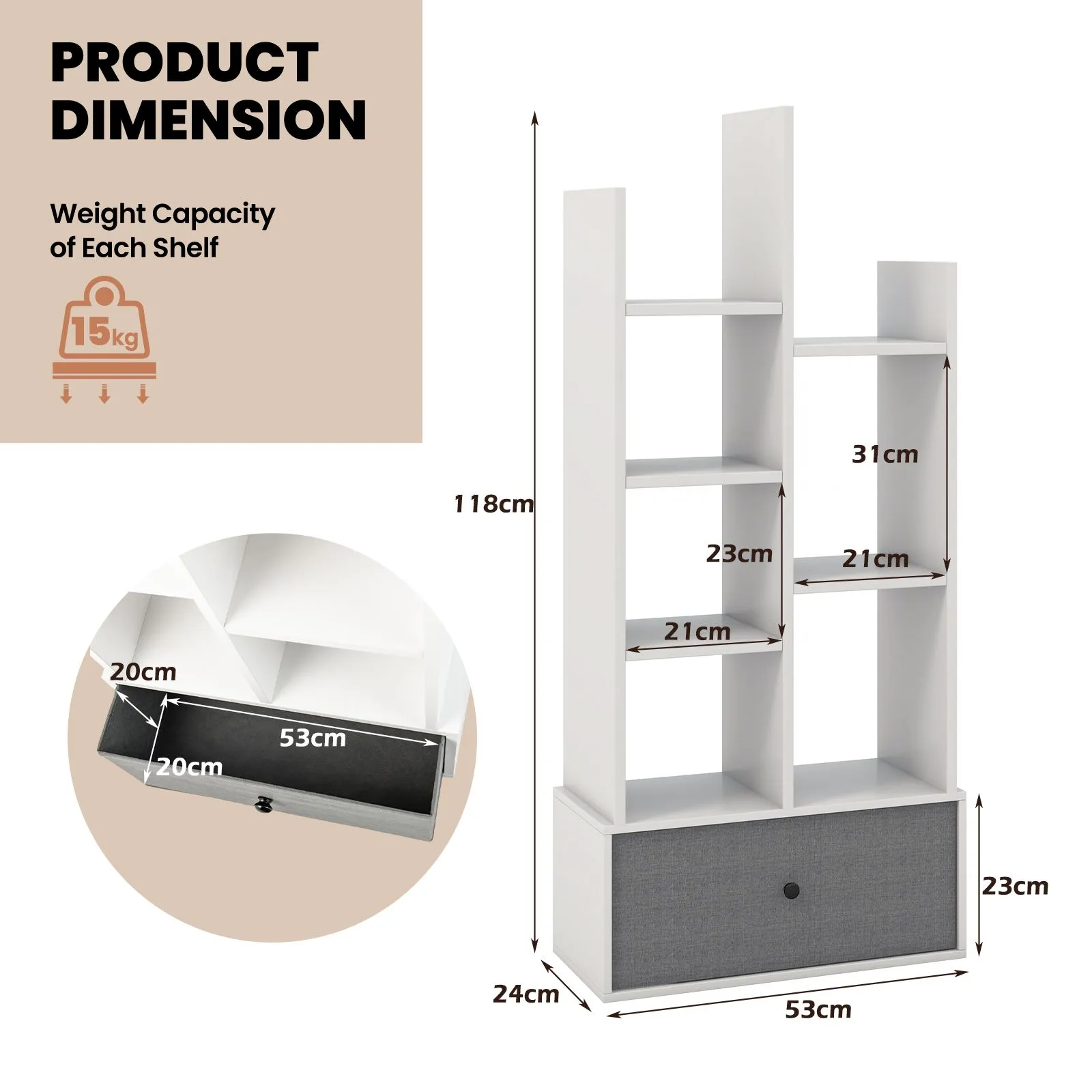 Costway 7 Tier Bookshelf Open Storage Wood Bookcase Organizer Display Shelf w/ Drawer in White 6