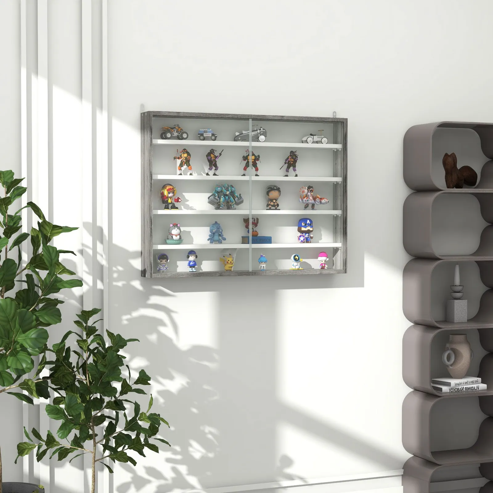 HOMCOM 5-Tier Wall Display Shelf Unit Cabinet w/ Shelves Glass Doors in Grey 1