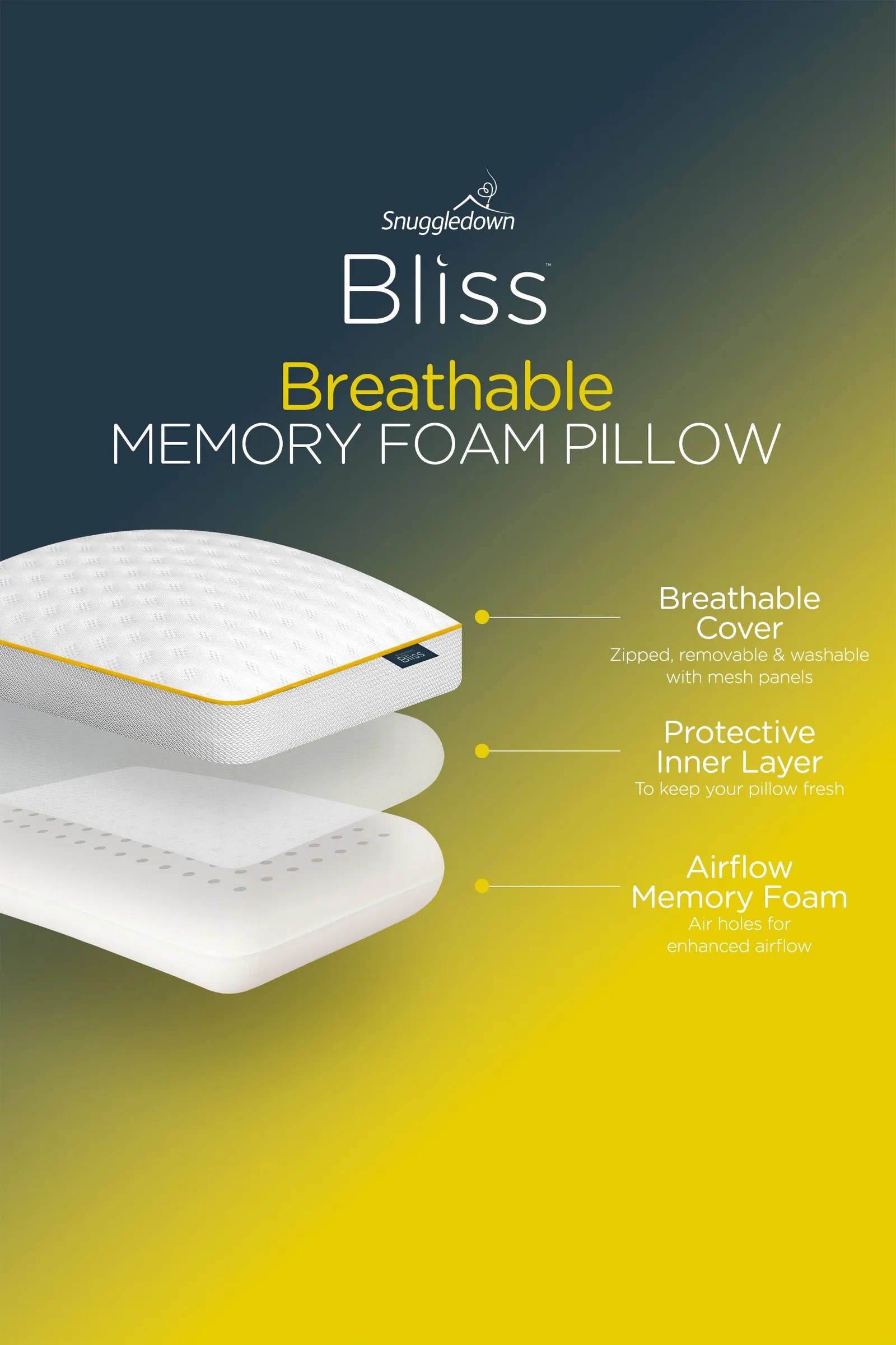 Snuggledown Single Bliss Breathable Memory Foam Deep Filled Side Sleeper Pillow in White 2
