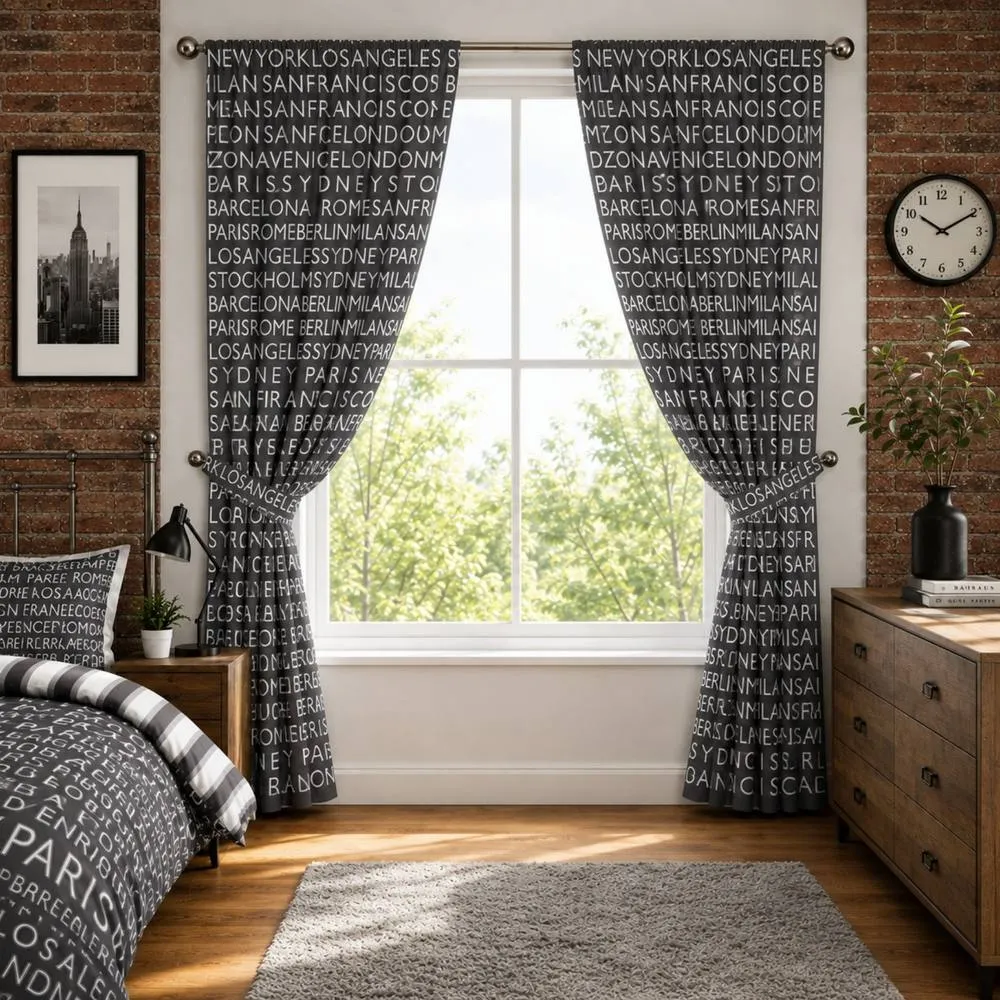 Smart Living Neon Cities Curtains Pair with Tie Backs - Urban City Print in Grey