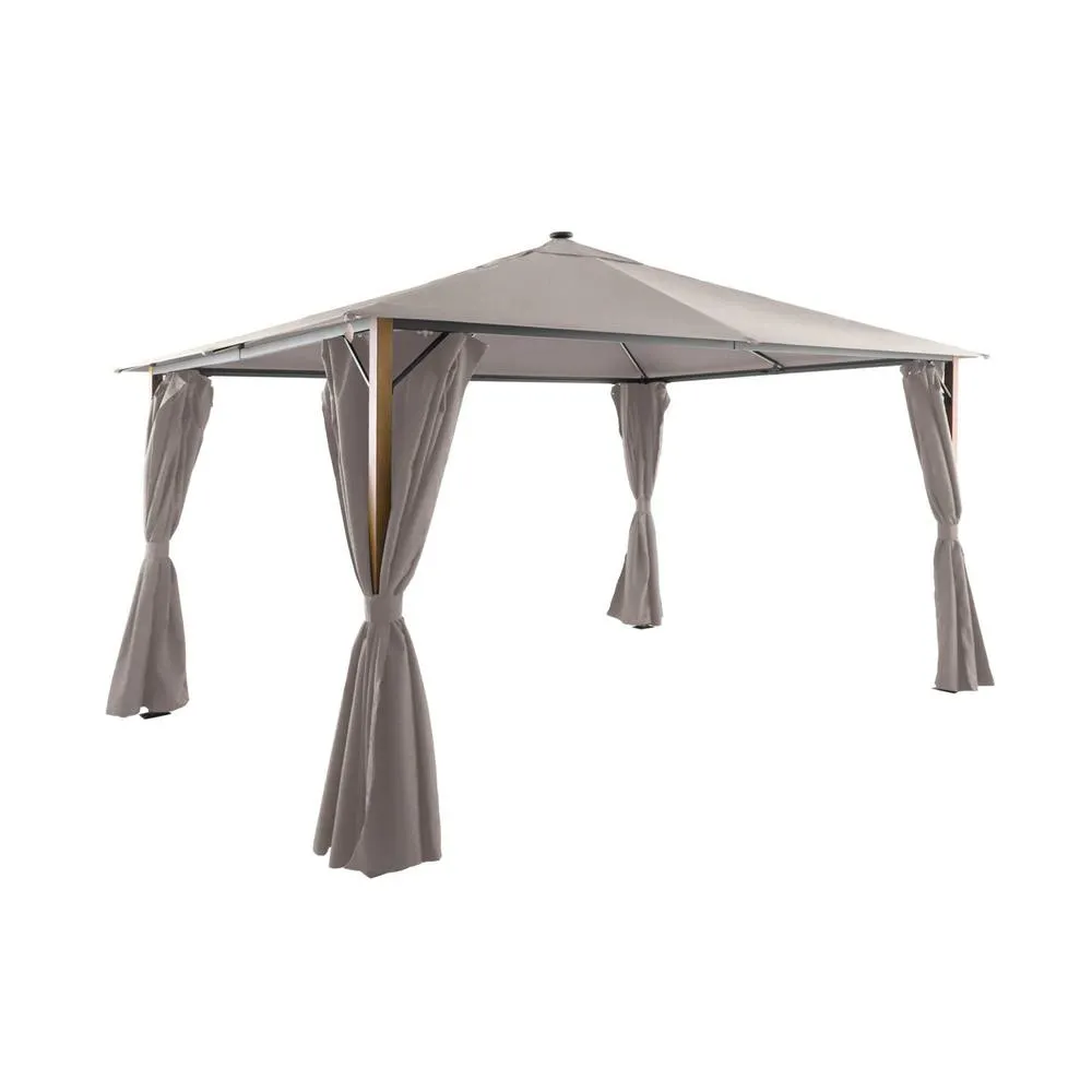 sweeek Aluminum gazebo 4x3m with wood effect, curtains, & LED in Beige 1