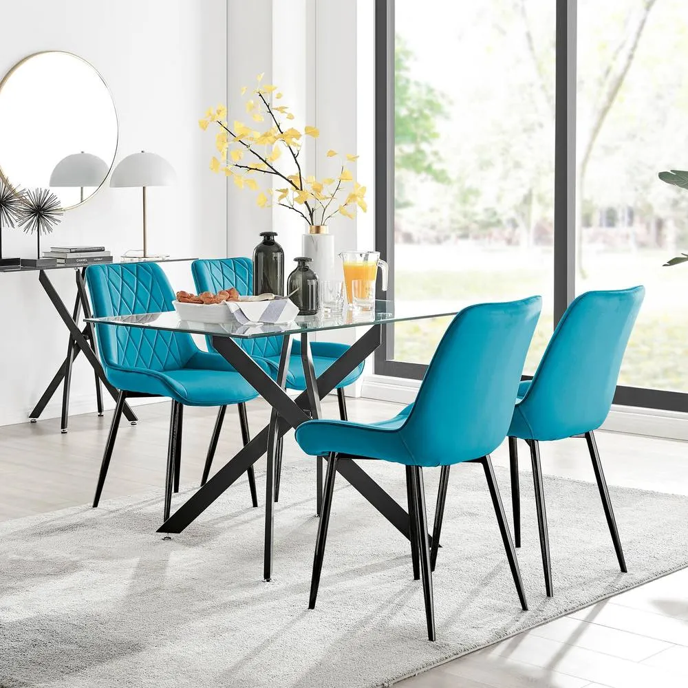 FurnitureboxUK Leonardo Black Leg Glass Dining Table & 4 Pesaro Chairs in Blue