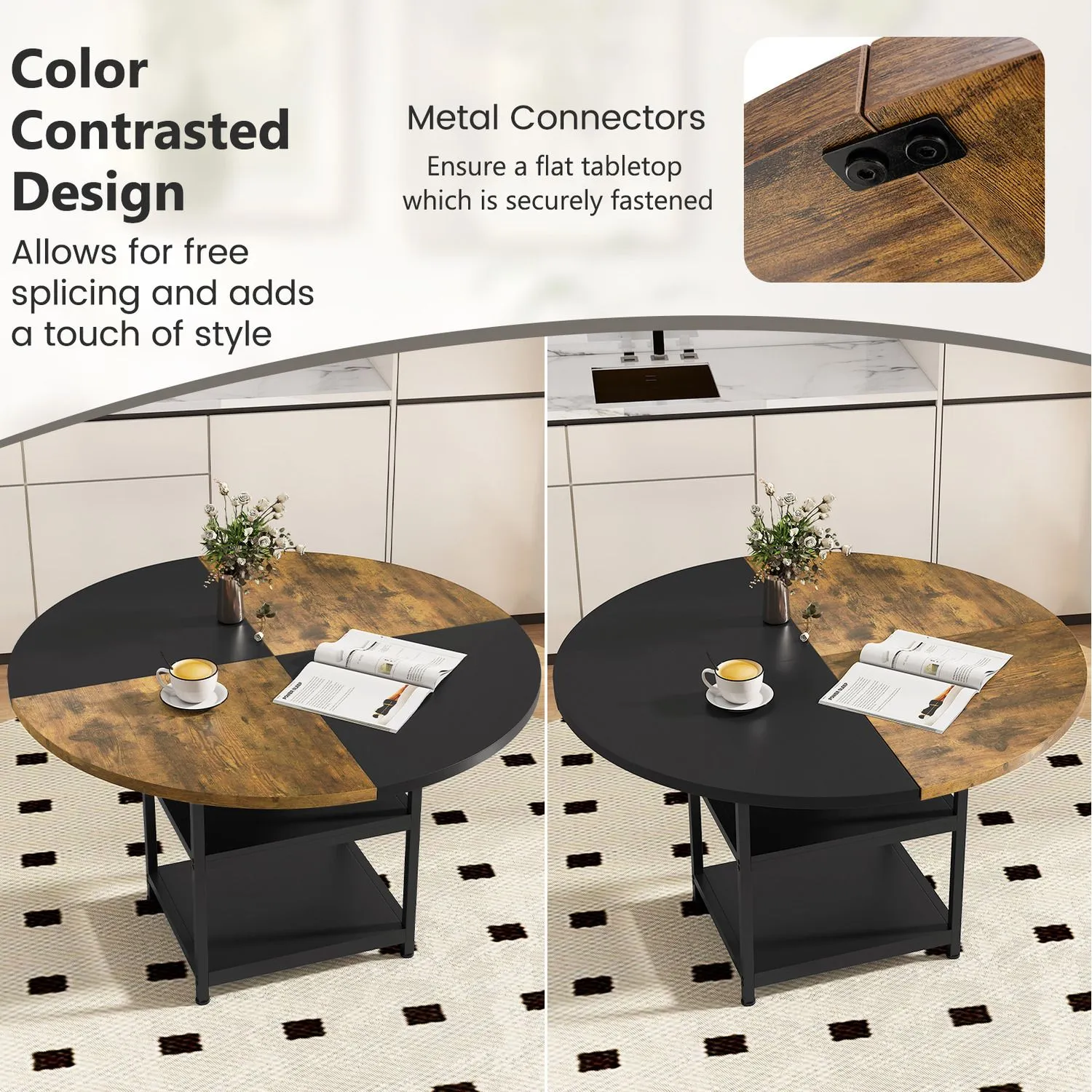 Costway Round Wooden Kitchen Table Dining Table w/ Storage Shlef 6