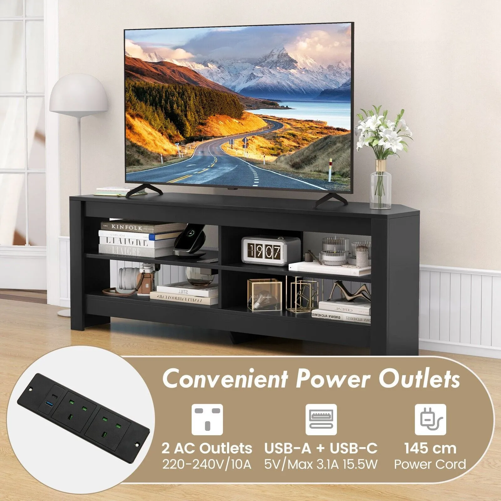 Costway Corner TV Stand with Power Outlet 3-Tier Entertainment Center for 60" TV in Black 5