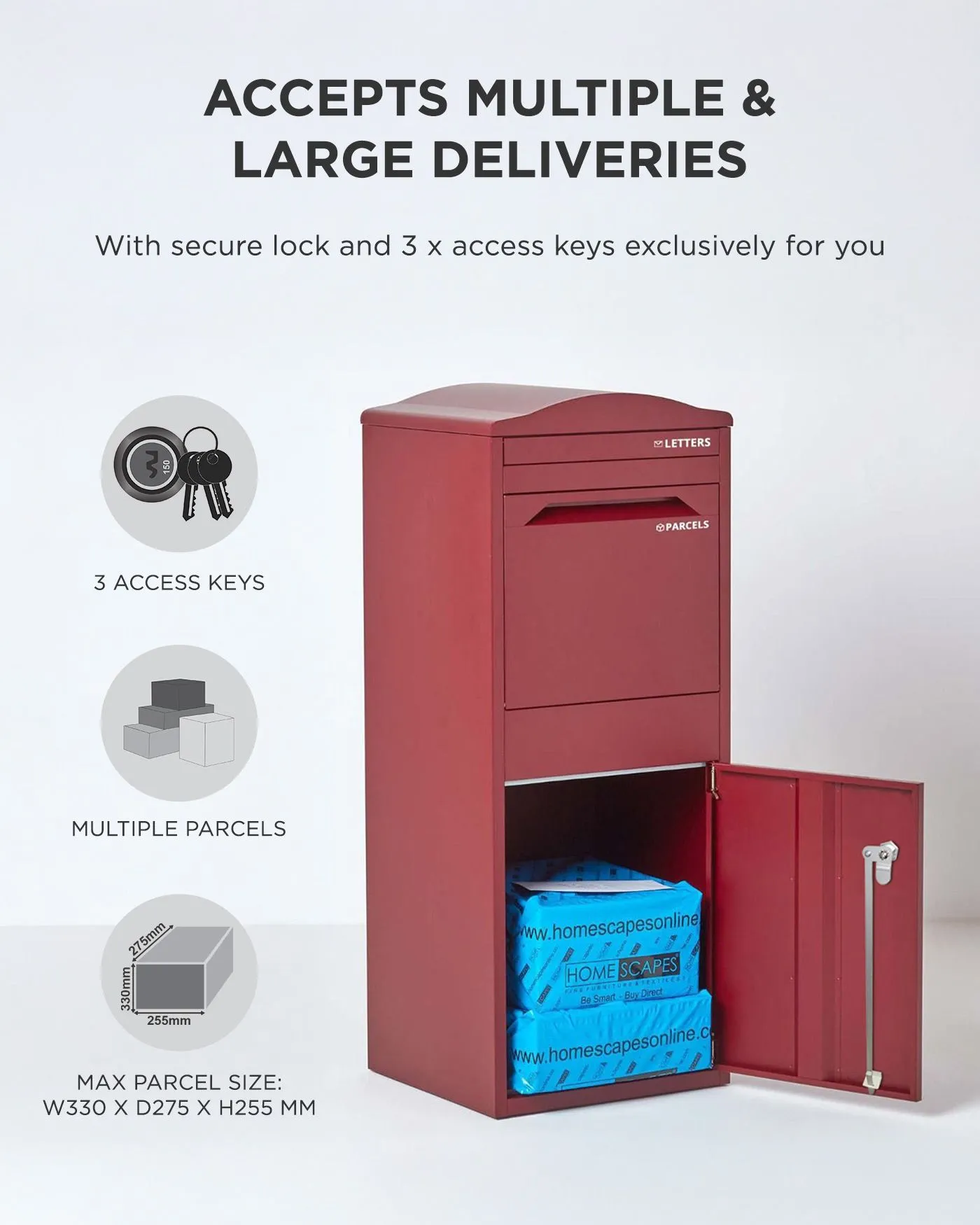 Homescapes Smart Parcel Box® Large Curved Top Front Access Secure Delivery Box in Red 5