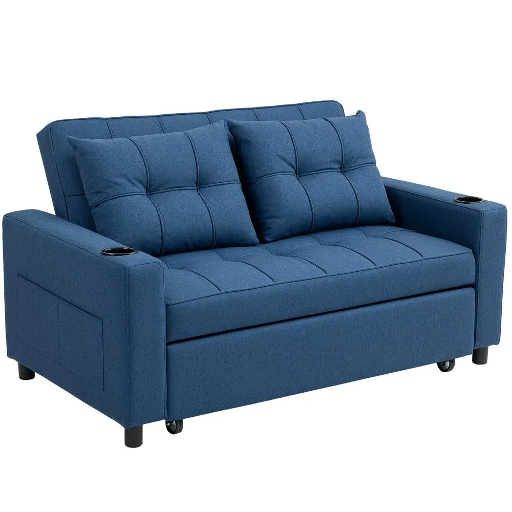 HOMCOM 2 Seater Pull Out Sofa Bed with Pockets for Living Room, Dark Blue 2