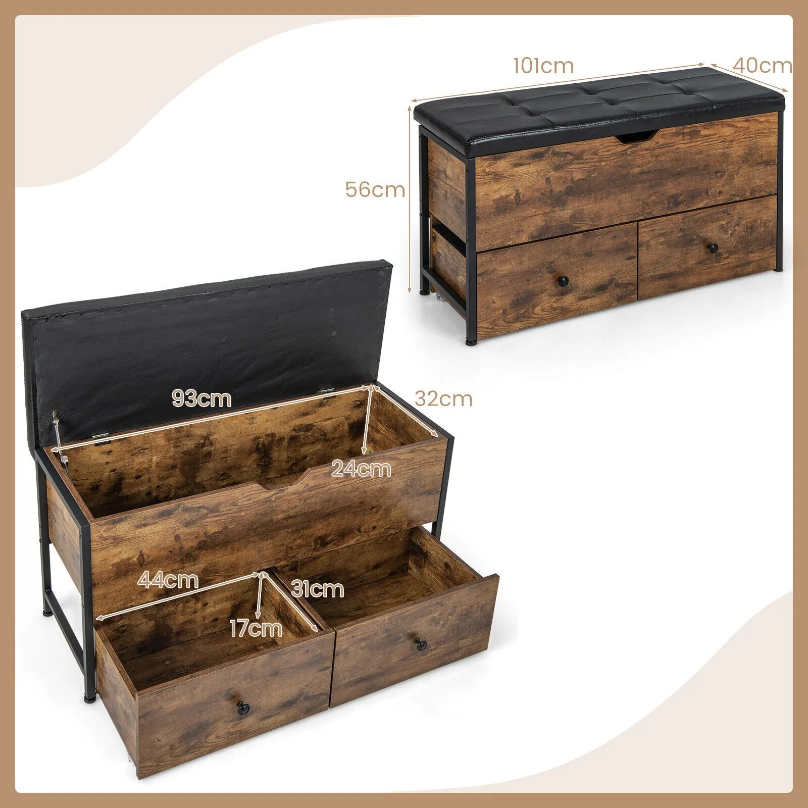 Costway Wooden Storage Ottoman Bench Flip Top Storage Chest w/ 2 Drawers in Brown 2