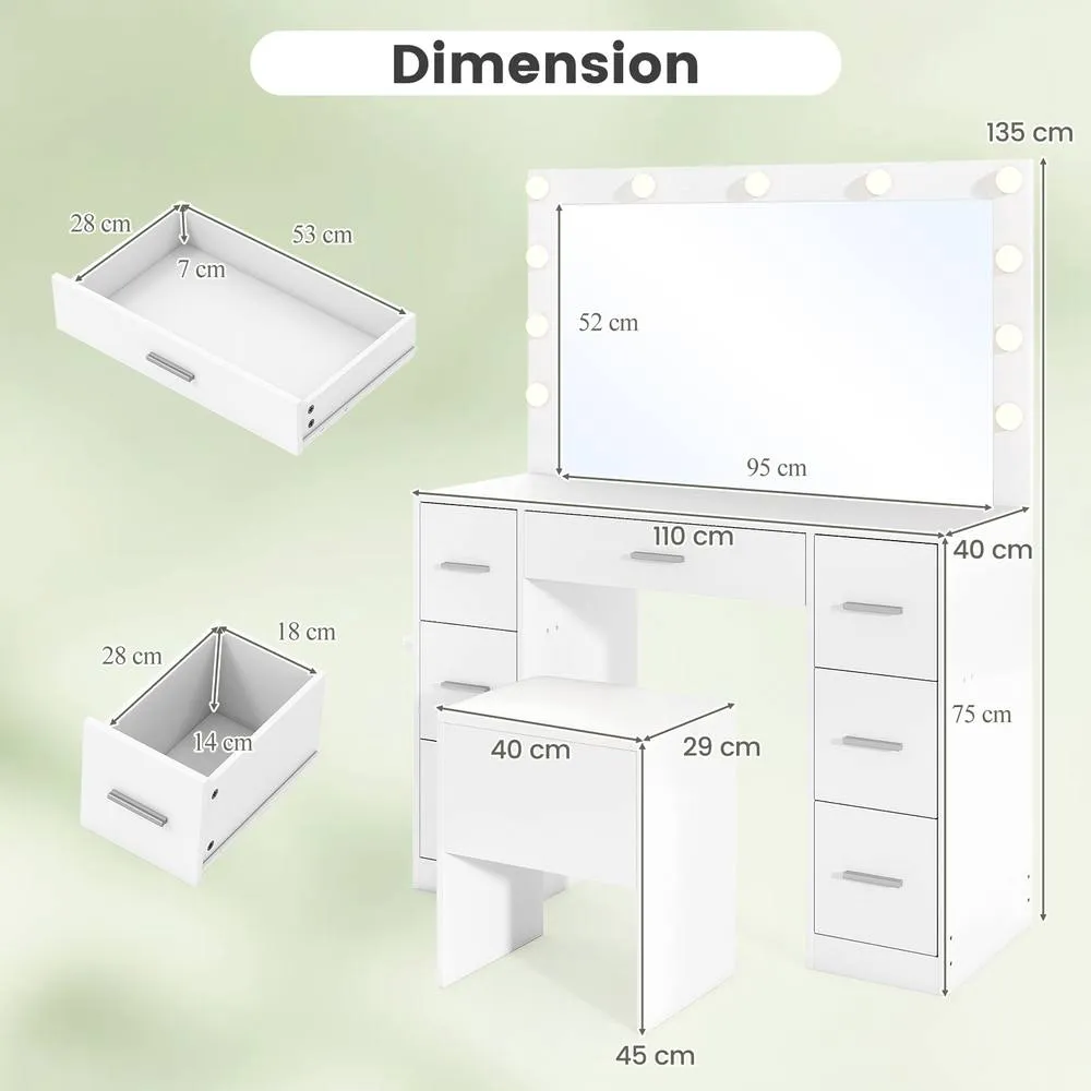 Costway Vanity Desk Set w/ Power Outlets Modern Makeup Table w/Storage Stool in White 2