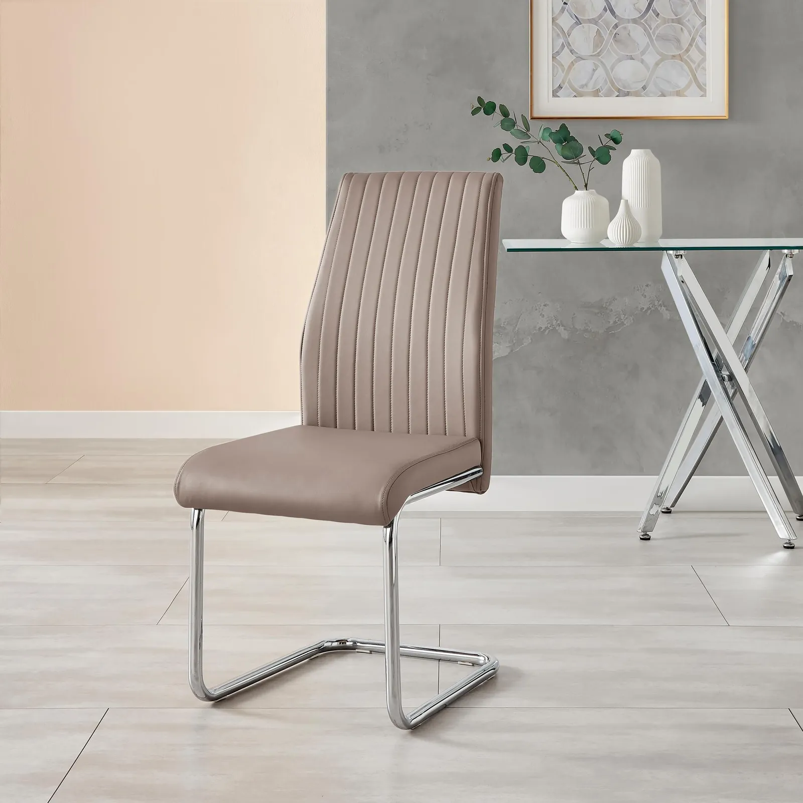 FurnitureboxUK 2x Lorenzo Faux Leather Chrome Dining Chairs in Beige 4