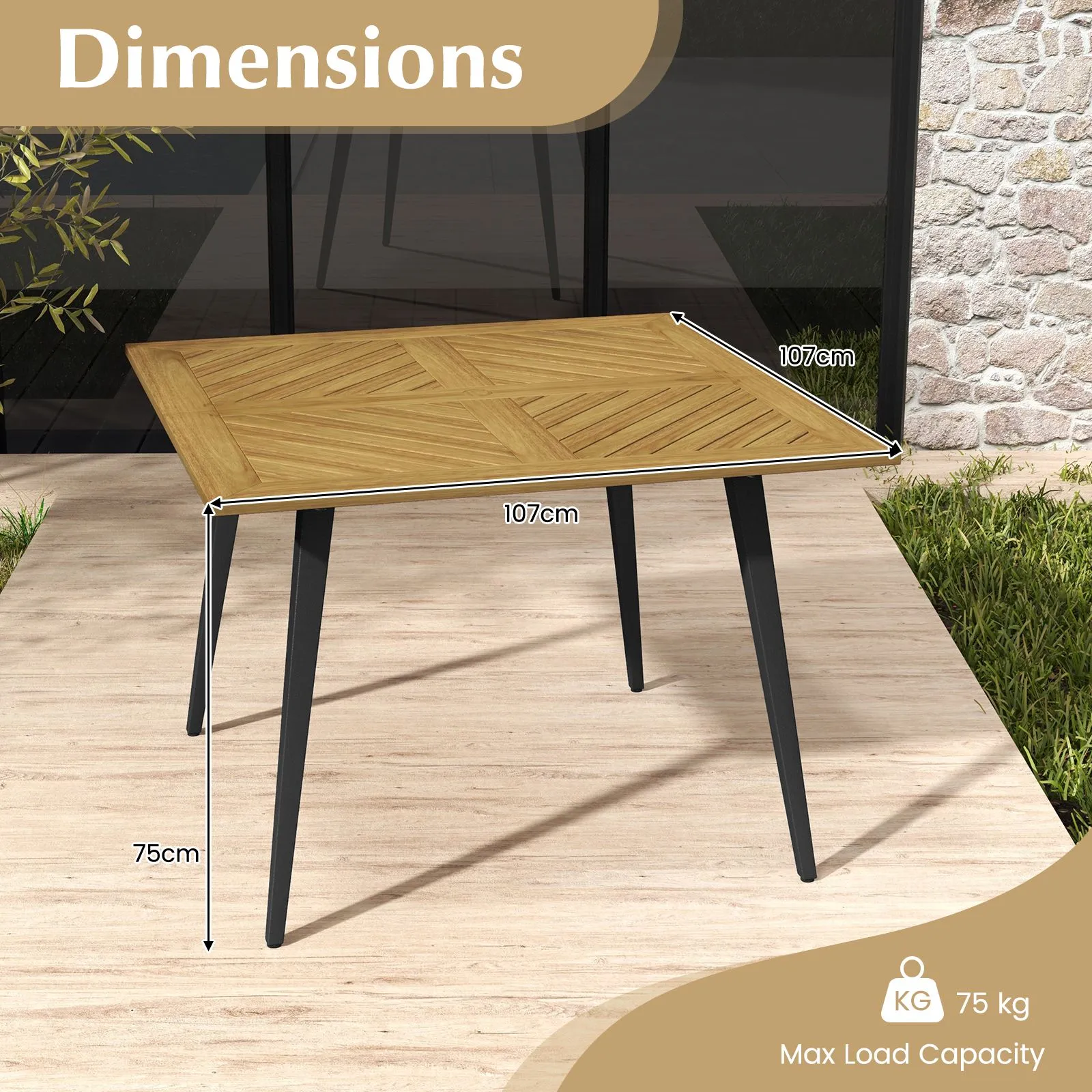Costway Outdoor Dining Table for 4 Acacia Wood Patio Square Bistro Table w/ Umbrella Hole 107 x 107cm in Natural 5