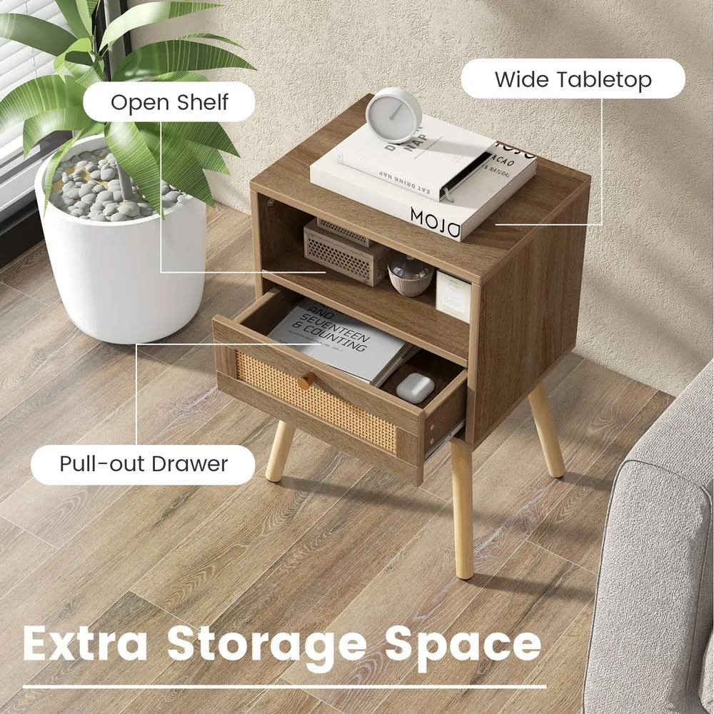 Costway Rattan Nightstand Boho End Table Drawer Shelf-Natural in Brown 3