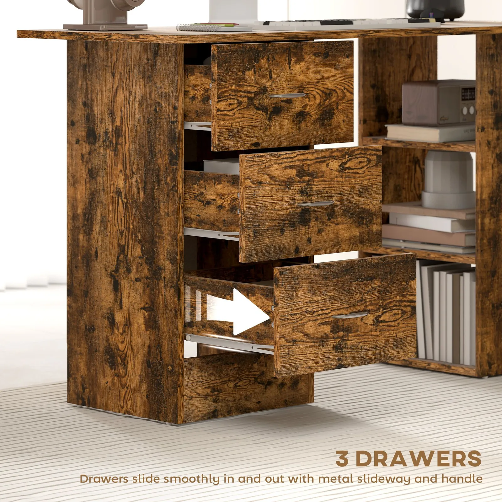 HOMCOM 120cm Computer Desk, Study Table with 3 Shelf & Drawers in Brown 6