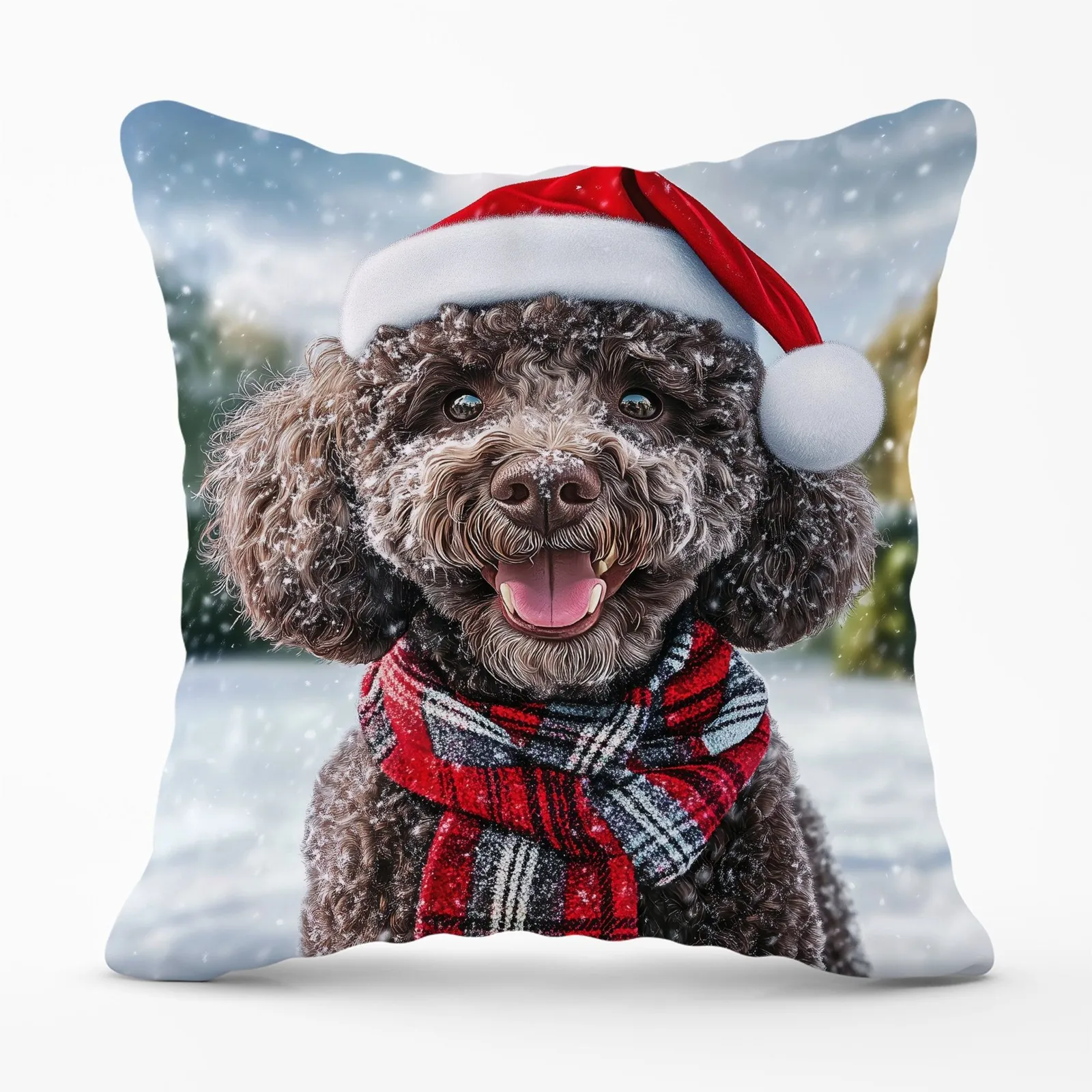 Warren Reed - Designer Snowy Christmas Poodle Cushion in Brown