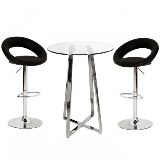 Poseur Glass Top Bar Table with 2 Leoni Black Bar Stools