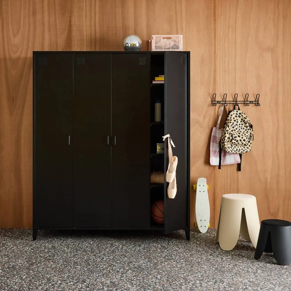sweeek Industrial metal wardrobe for bedroom, 4 doors, 10 shelves, 1 hanging in Black 6