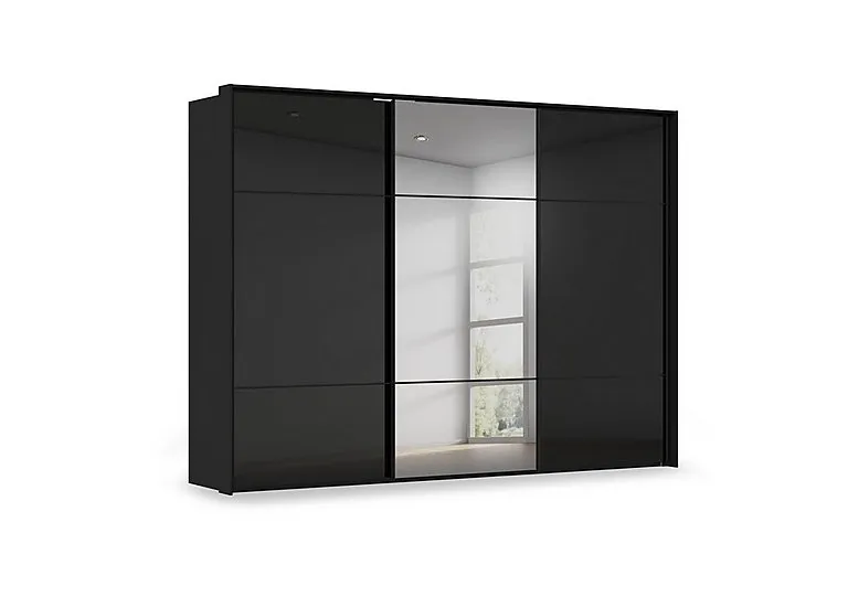Haven 310cm 3 Door Slider Wardrobe with 2 Glass Doors and 1 Mirror Door - Black Glass