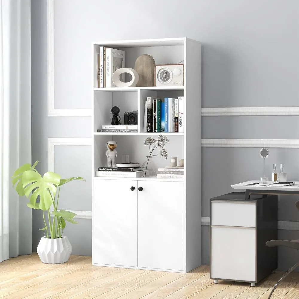 Costway 5-Tier Bookcase w/ 2 Doors 155 CM Tall Bookshelf Display Cabinet in White 3