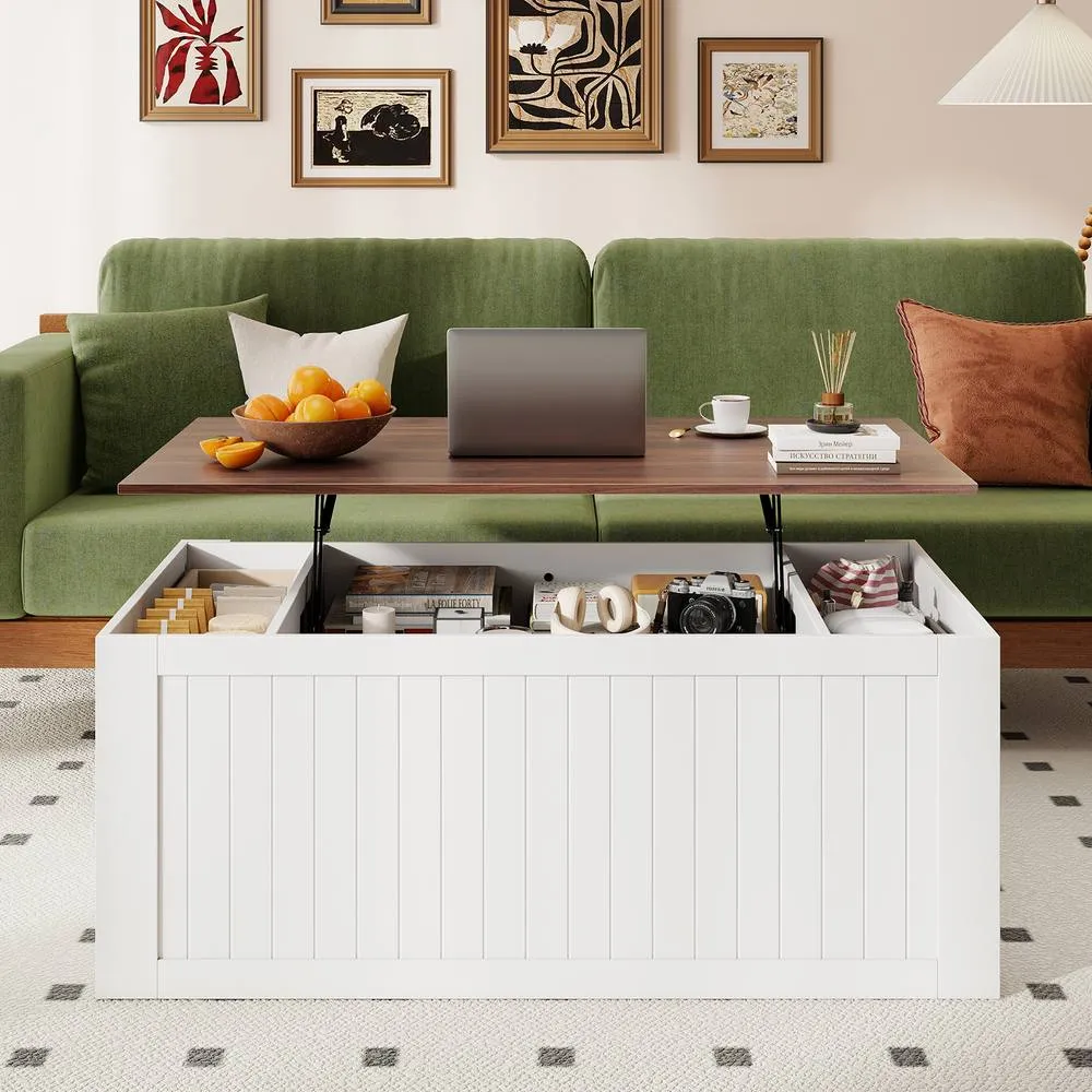 Costway 120 cm Farmhouse Center Table Lift Top Coffee Table with Doors White 5