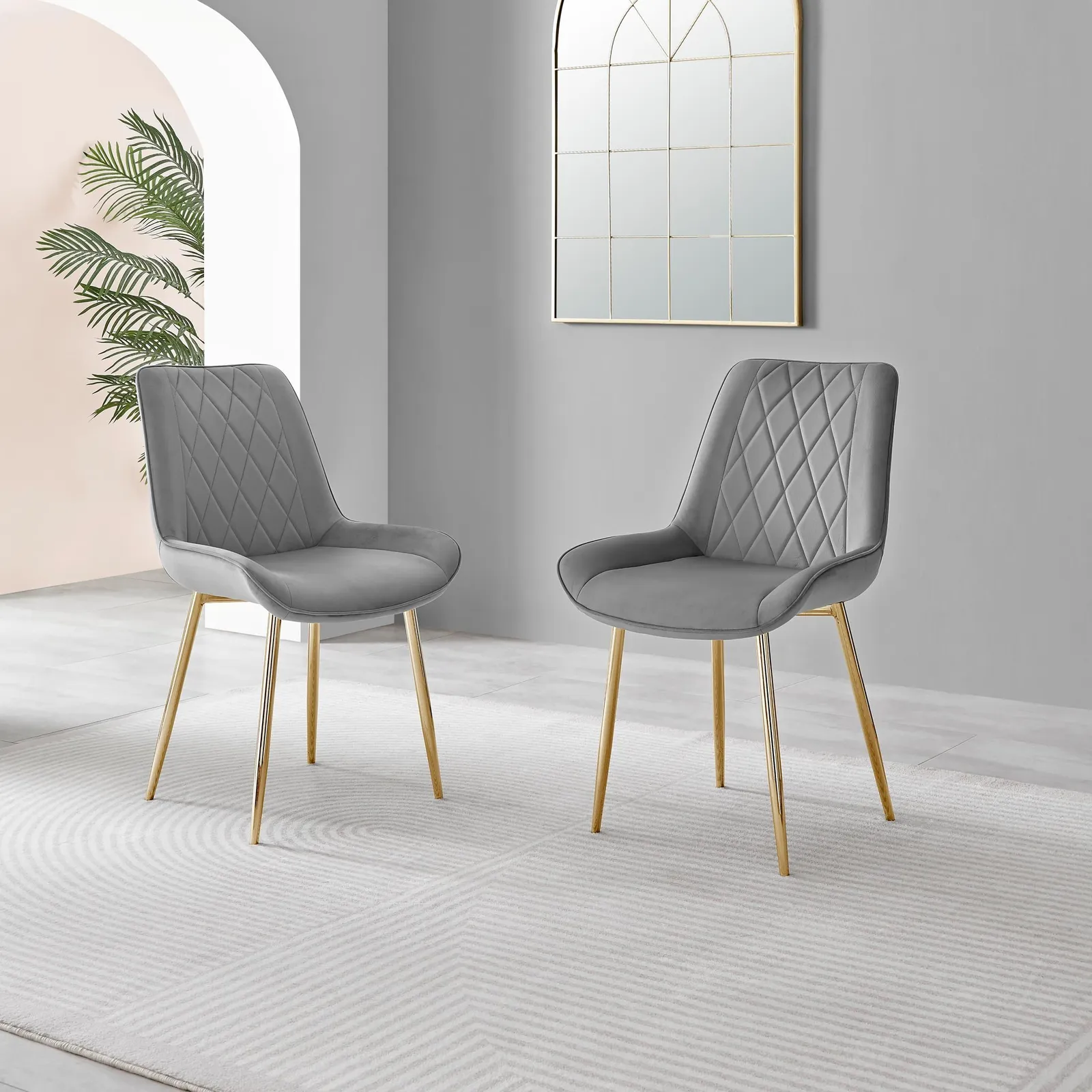 FurnitureboxUK Set of 2 Pesaro Luxury Soft Touch Diamond Pattern Velvet Dining Chairs With Gold Chrome Metal Legs in Grey 2