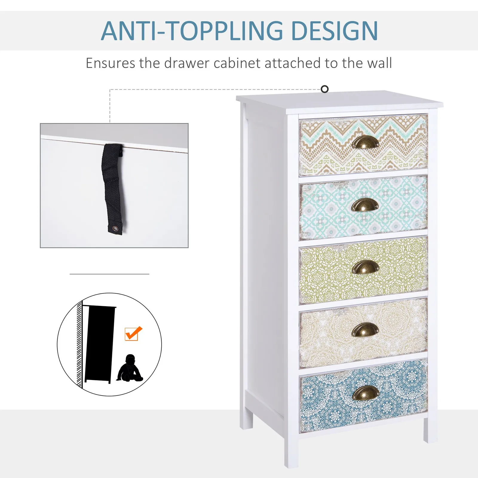HOMCOM Storage Chest Unit 5 Drawer Retro Style Bedroom Desktop Wood Entryway in White 5