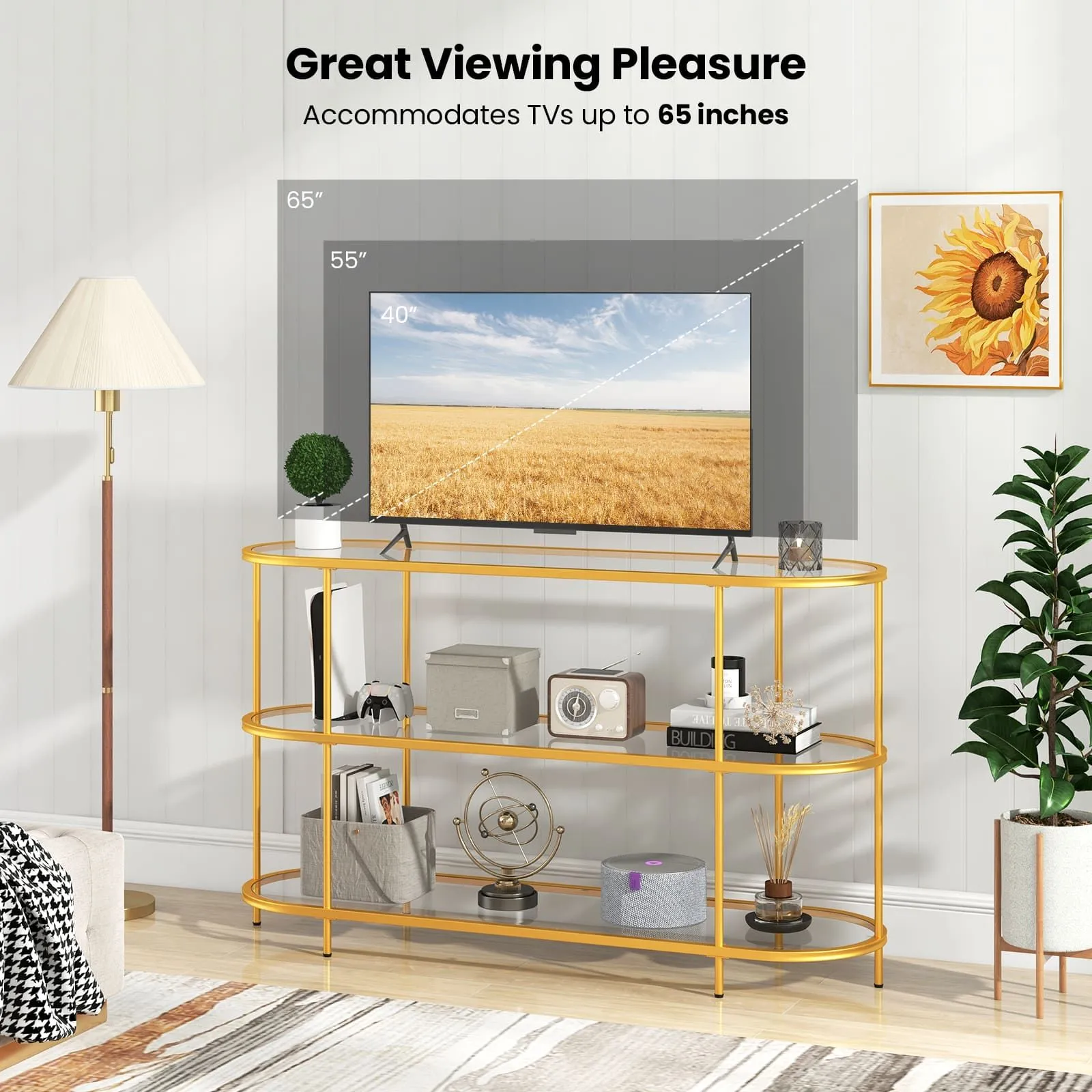 Costway 3-Tier TV Stand for TVs up to 65" 140cm TV Console Table in Gold 6