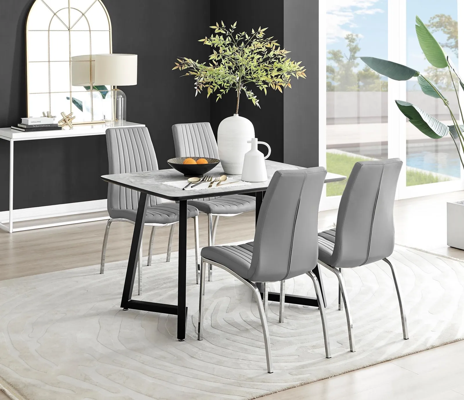 FurnitureboxUK Carson White Marble Effect Dining Table & 4 Isco Chairs in Grey 1