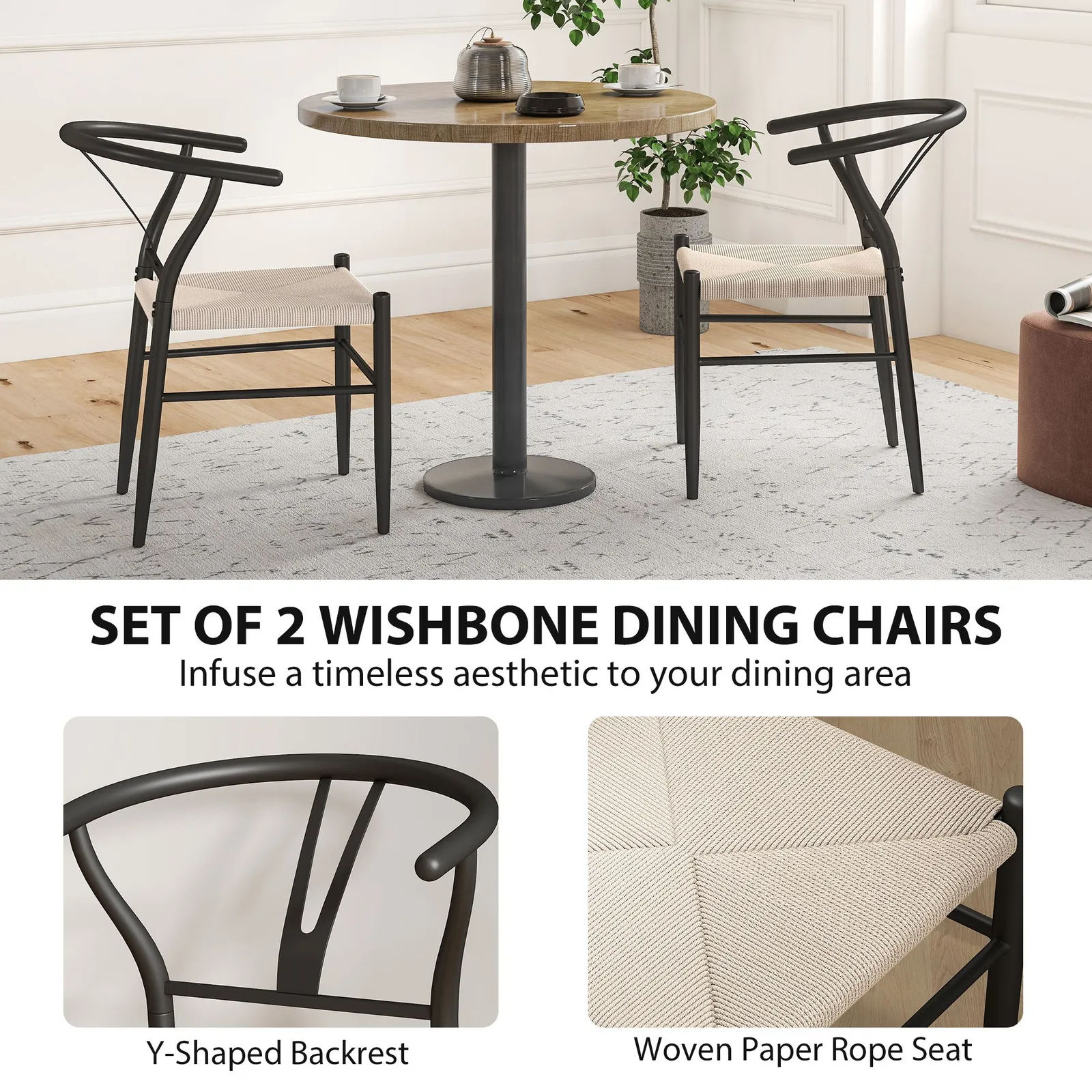 HOMCOM Weave Dining Chairs Set of 2 with Y-Shaped Backrest Hemp Seat Black 4