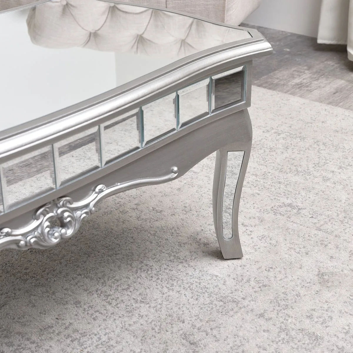 Melody Maison Mirrored Coffee Table - Tiffany Range in Metallic Silver 5