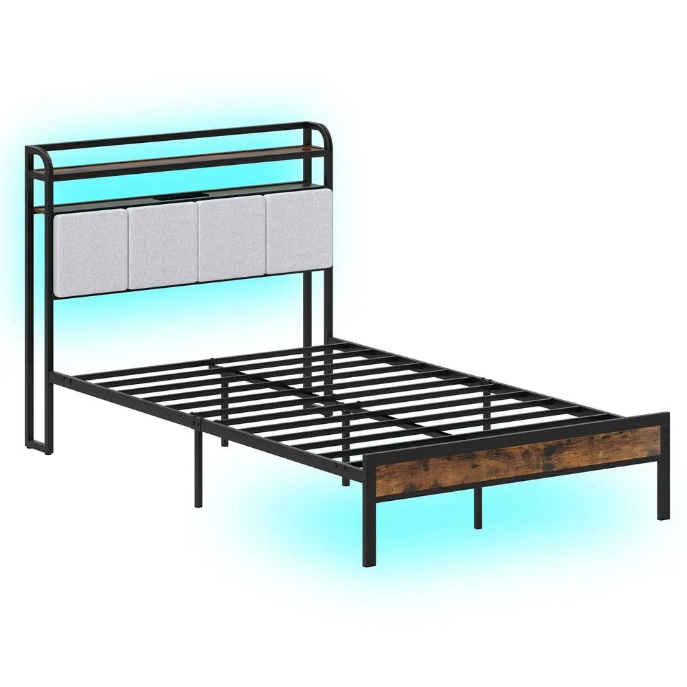Costway Double Size Bed Frame w/ LED Light & Charging Station-Brown in Brown