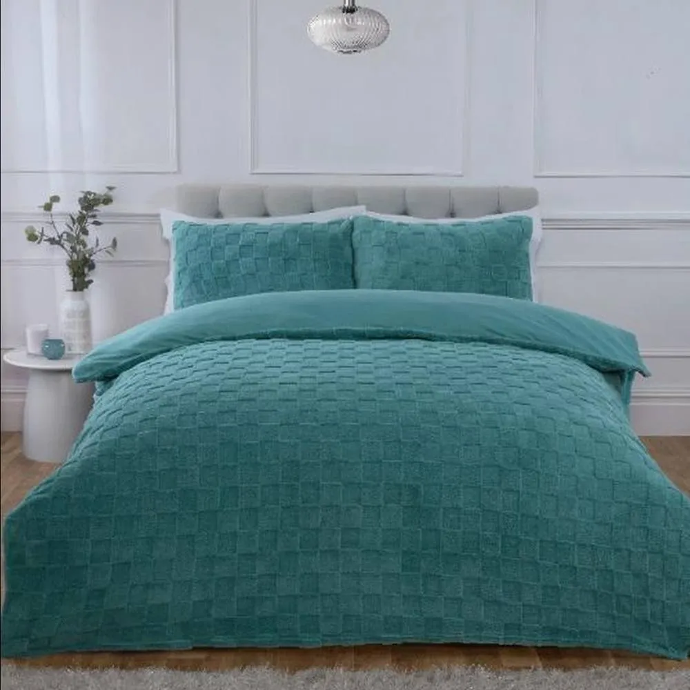 Rapport Home Luxury Check Teddy Polyester Fleece Duvet Cover Set with Pillowcase in Duck Egg Blue