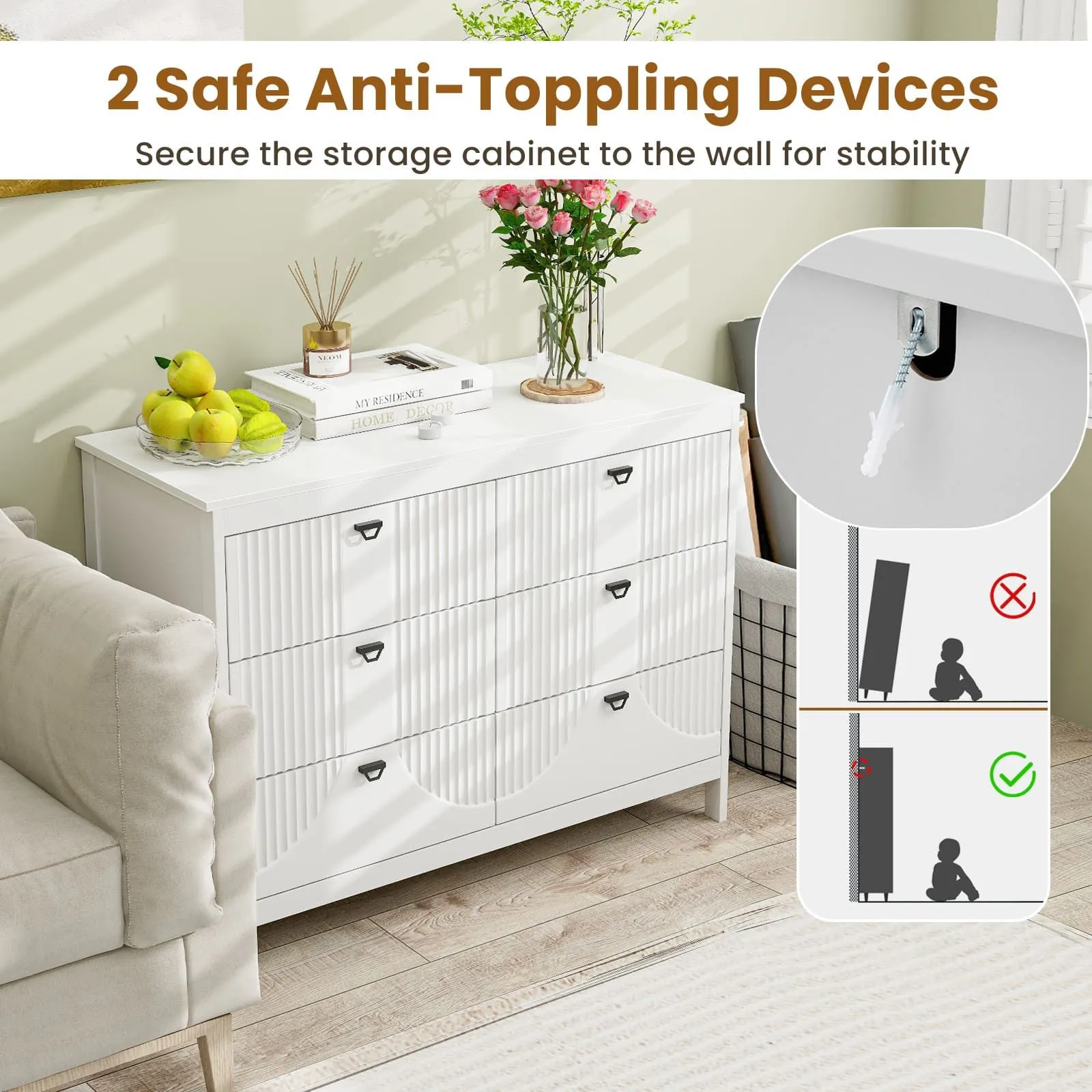 Costway 6-Drawer Dresser Bedroom Modern Style Chest of Drawers-White in White 3
